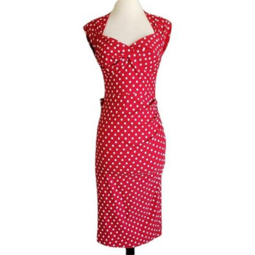50s vintage pinup red polka dot fitted pencil dress